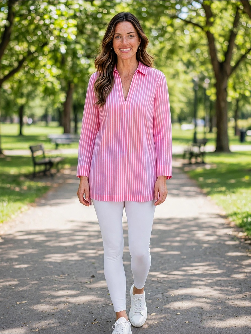 Ralph Lauren Sport Tunic L Pink White Stripe Shirt 100% Cotton Collared V-Neck
